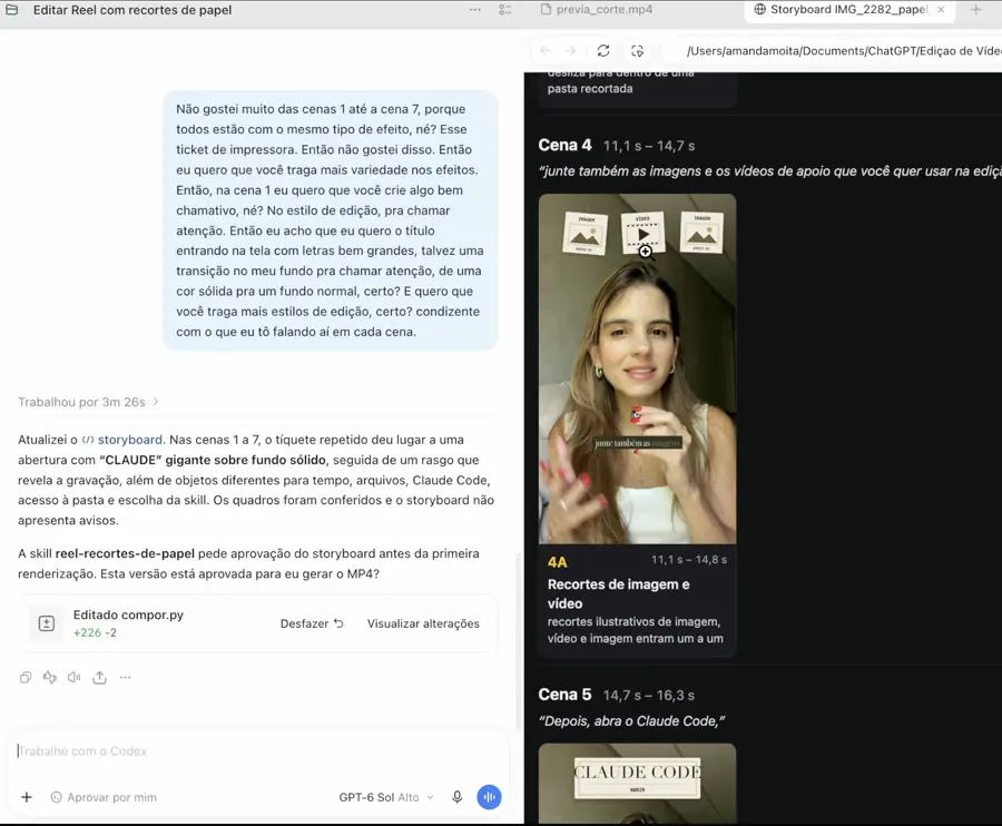 Conversa com a IA ao lado do storyboard do Reel